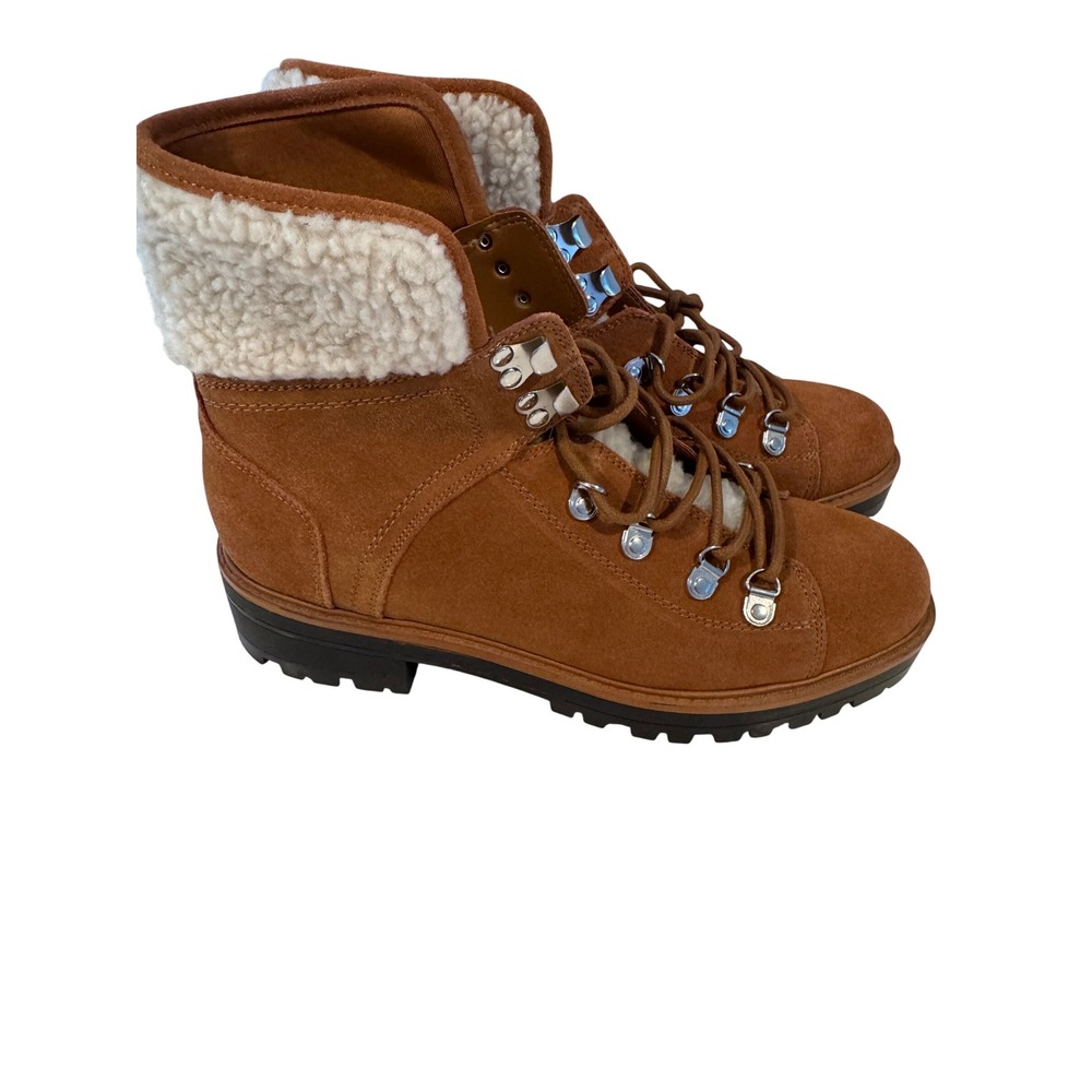 Marc Fisher Suede Sherpa Trim‎ Hiking Boots Cognac Lug Sole Lace Up Zipper 9.5